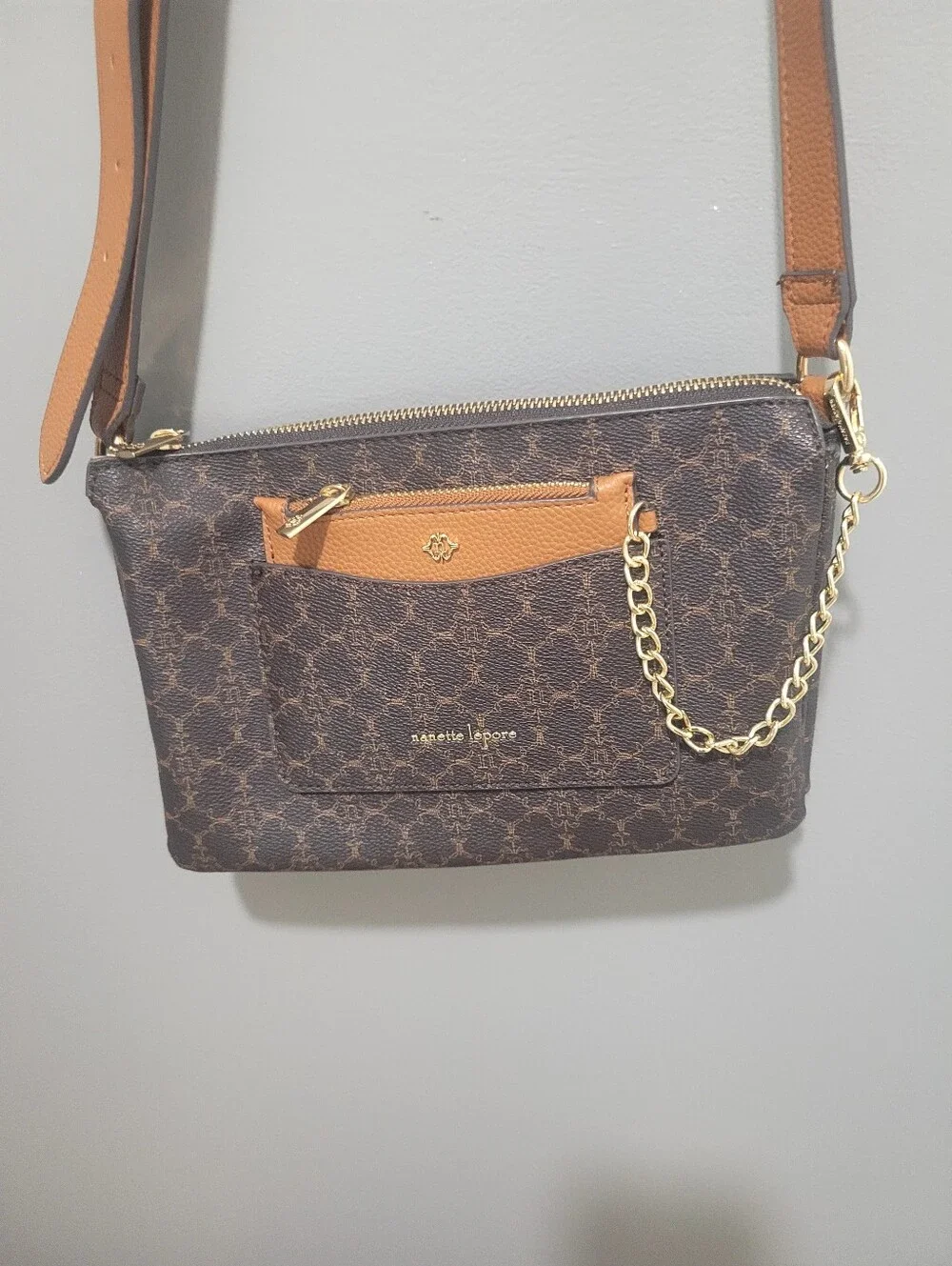Nanette Lepore Brown and Tan Monogram Crossbody with Gold Chain Accent 10x7